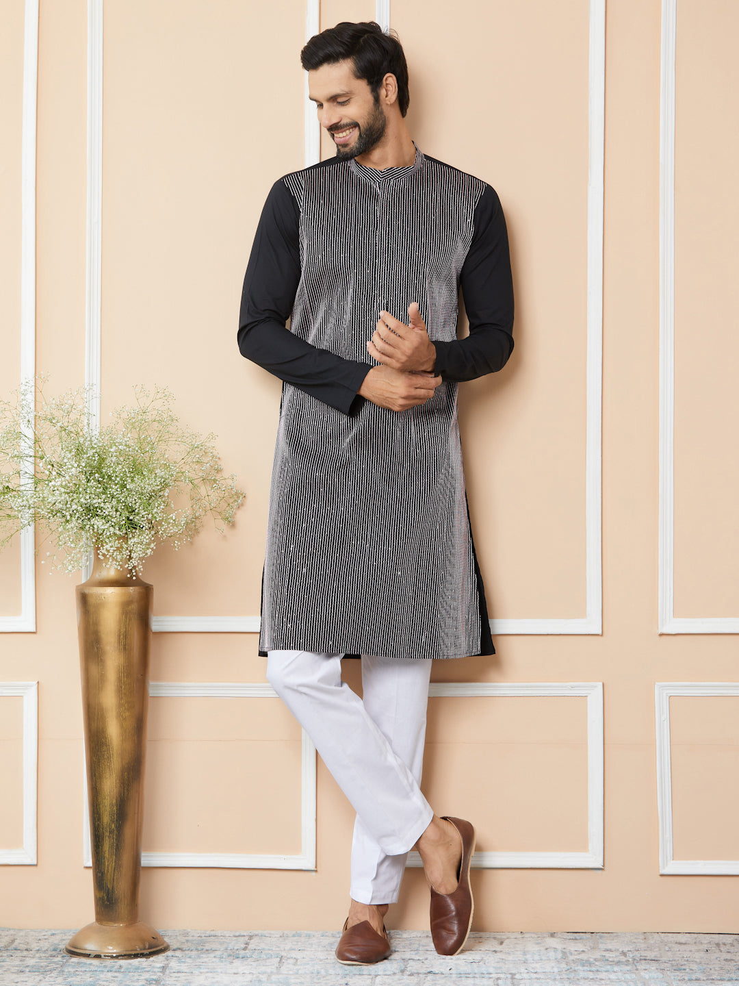 Black Thread & Sequin Worked Pure Cotton Straight Kurta