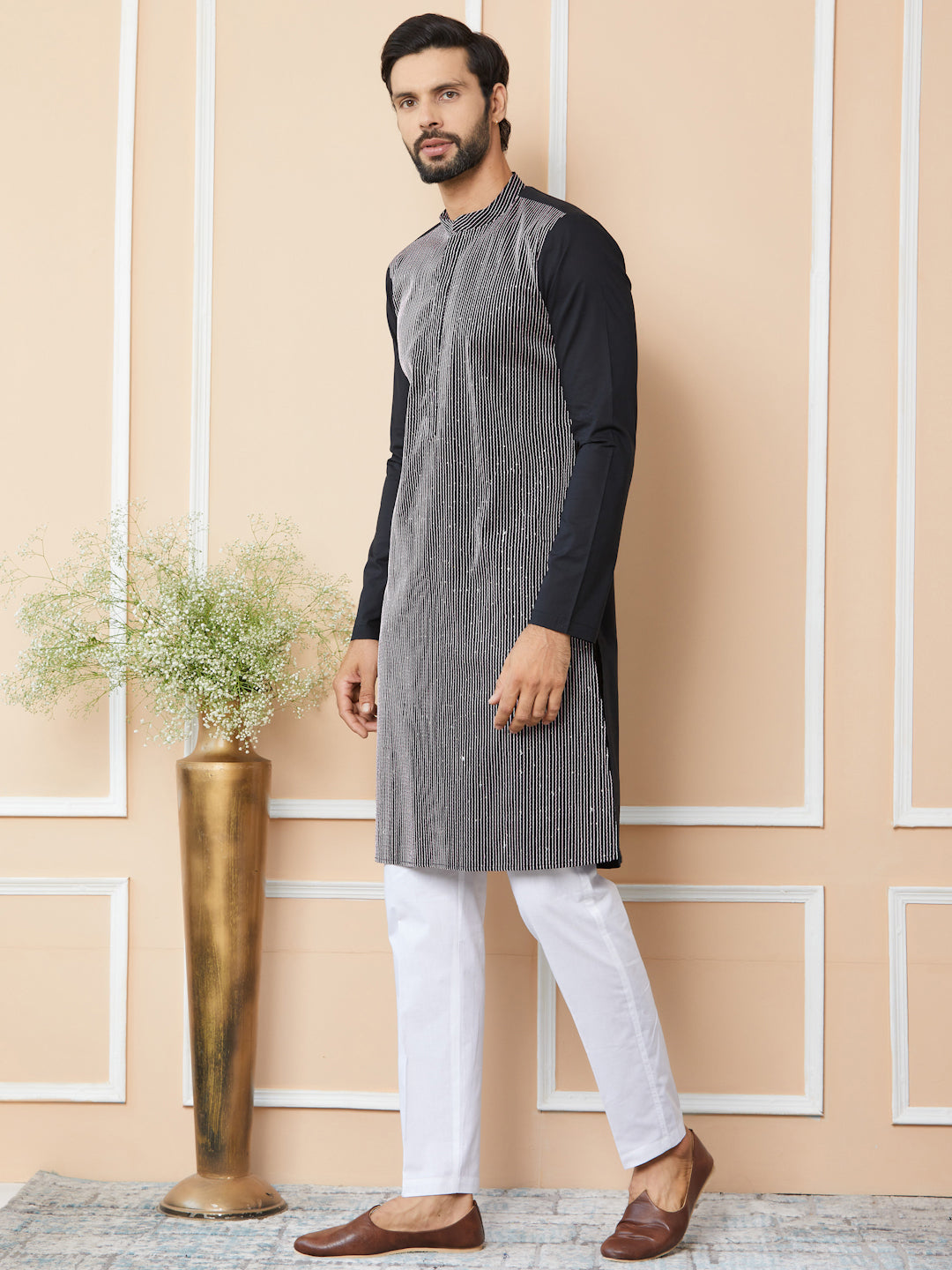 Black Thread & Sequin Worked Pure Cotton Straight Kurta