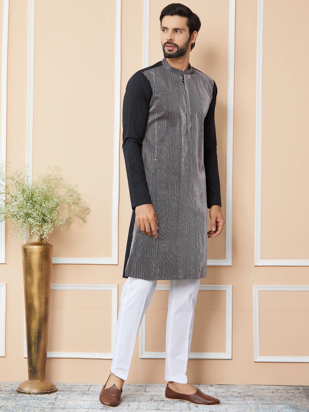 Black Thread & Sequin Worked Pure Cotton Straight Kurta