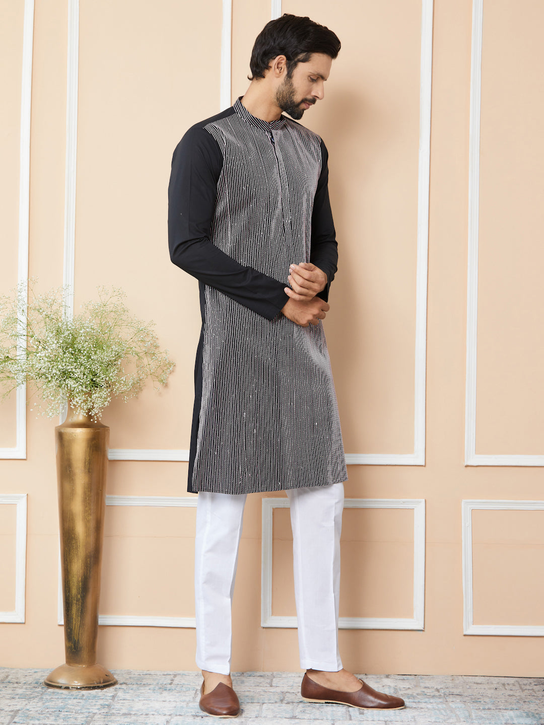 Black Thread & Sequin Worked Pure Cotton Straight Kurta