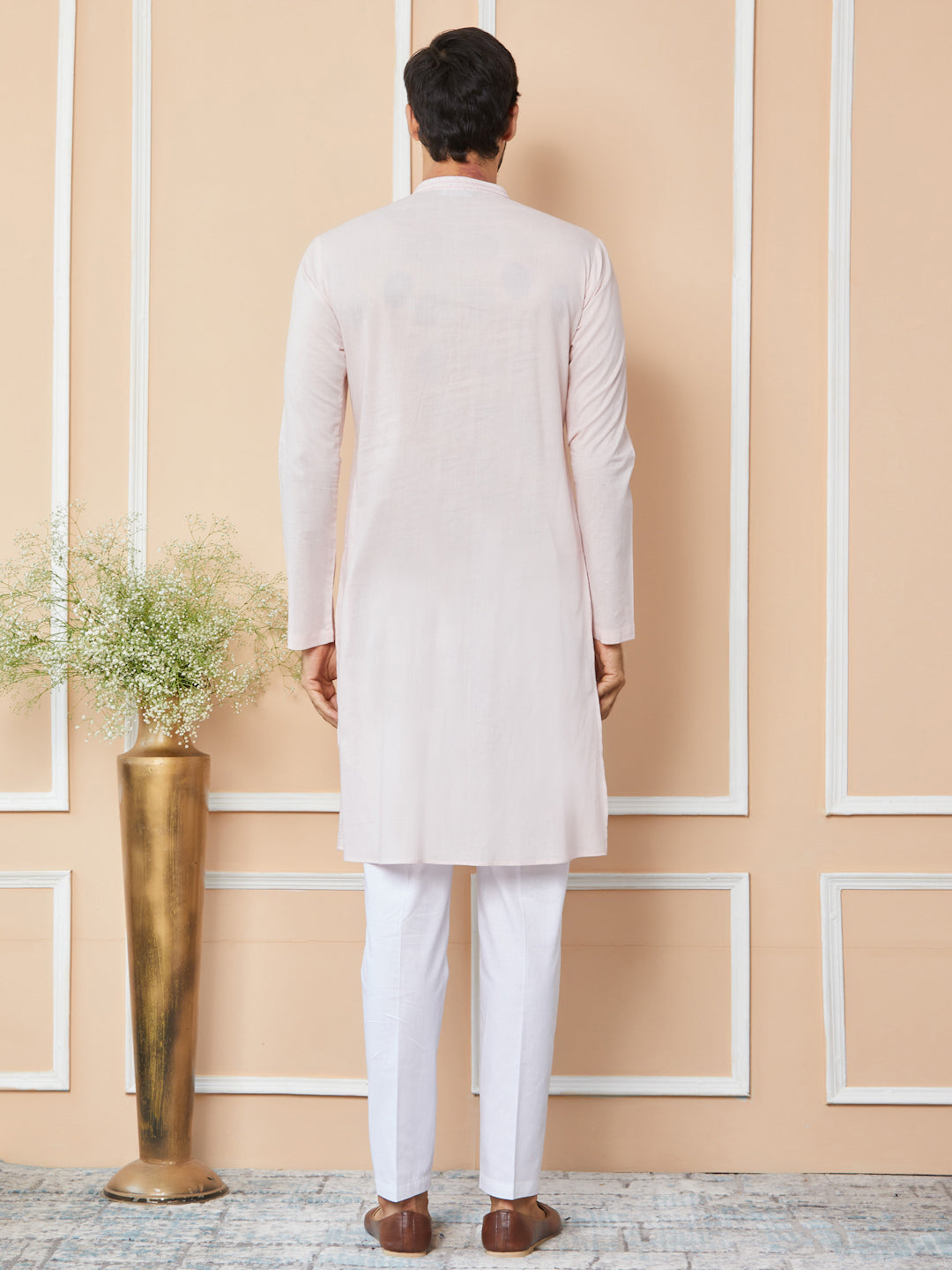 Light Pink Thread & Sequin Worked Pure Cotton Straight Kurta