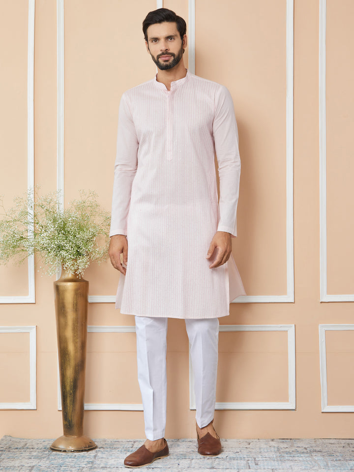 Light Pink Thread & Sequin Worked Pure Cotton Straight Kurta