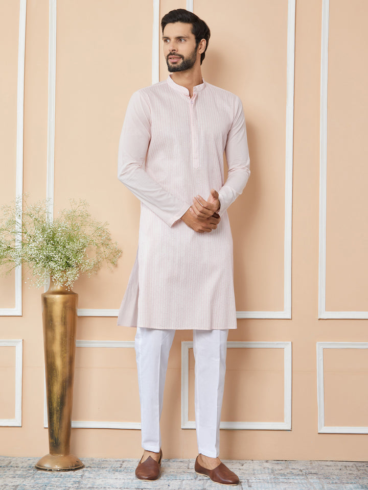 Light Pink Thread & Sequin Worked Pure Cotton Straight Kurta