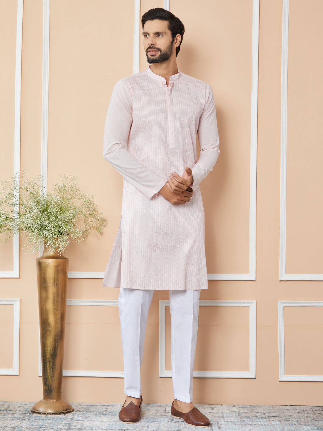 Light Pink Thread & Sequin Worked Pure Cotton Straight Kurta with Pyjama