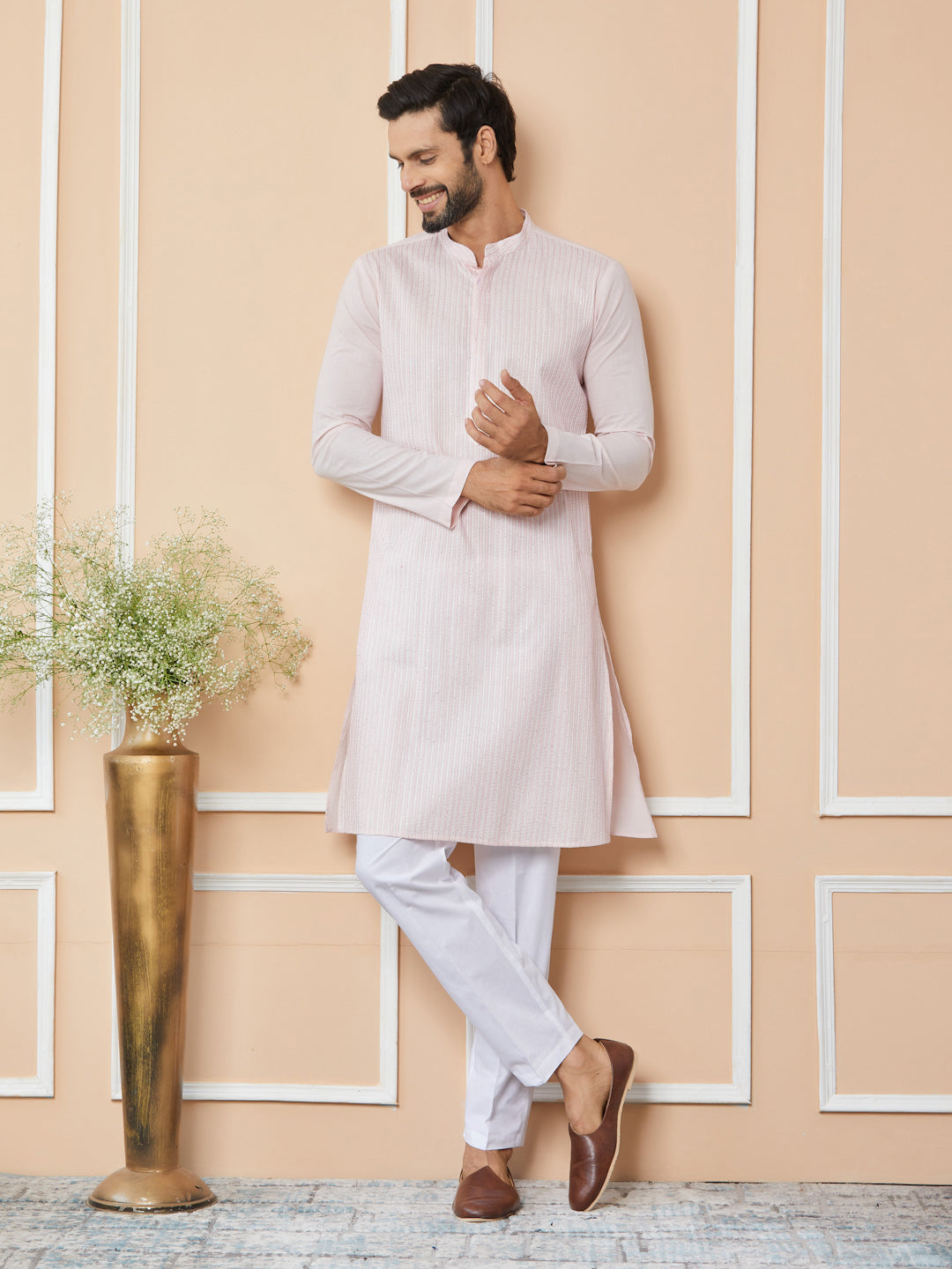 Light Pink Thread & Sequin Worked Pure Cotton Straight Kurta