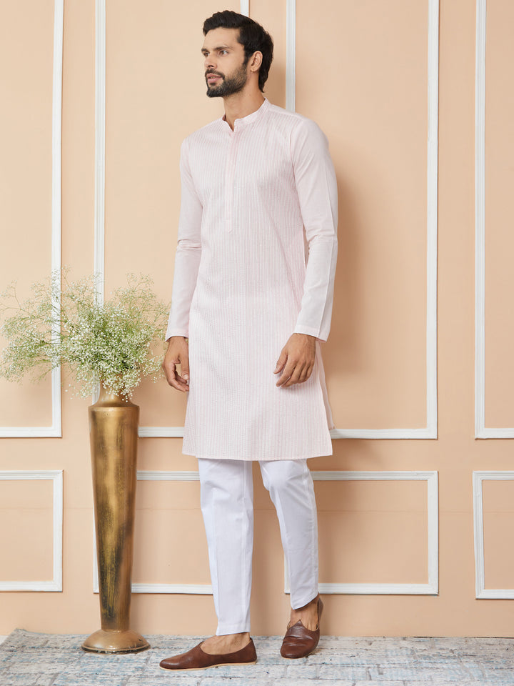 Light Pink Thread & Sequin Worked Pure Cotton Straight Kurta