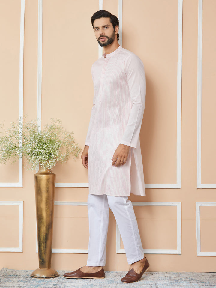 Light Pink Thread & Sequin Worked Pure Cotton Straight Kurta