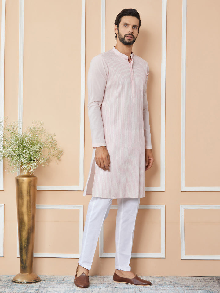 Light Pink Thread & Sequin Worked Pure Cotton Straight Kurta