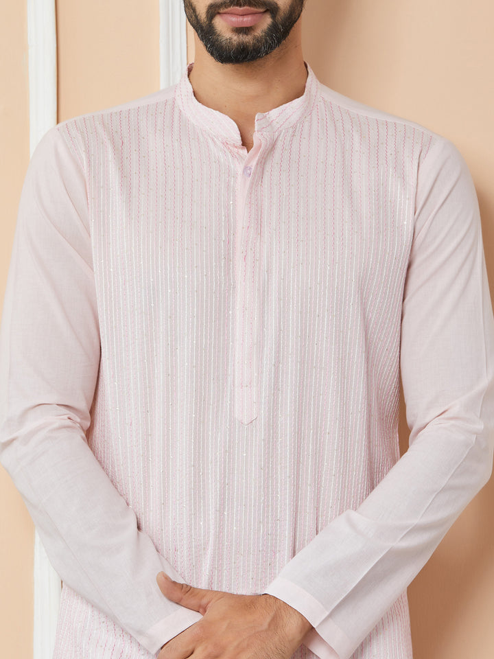 Light Pink Thread & Sequin Worked Pure Cotton Straight Kurta