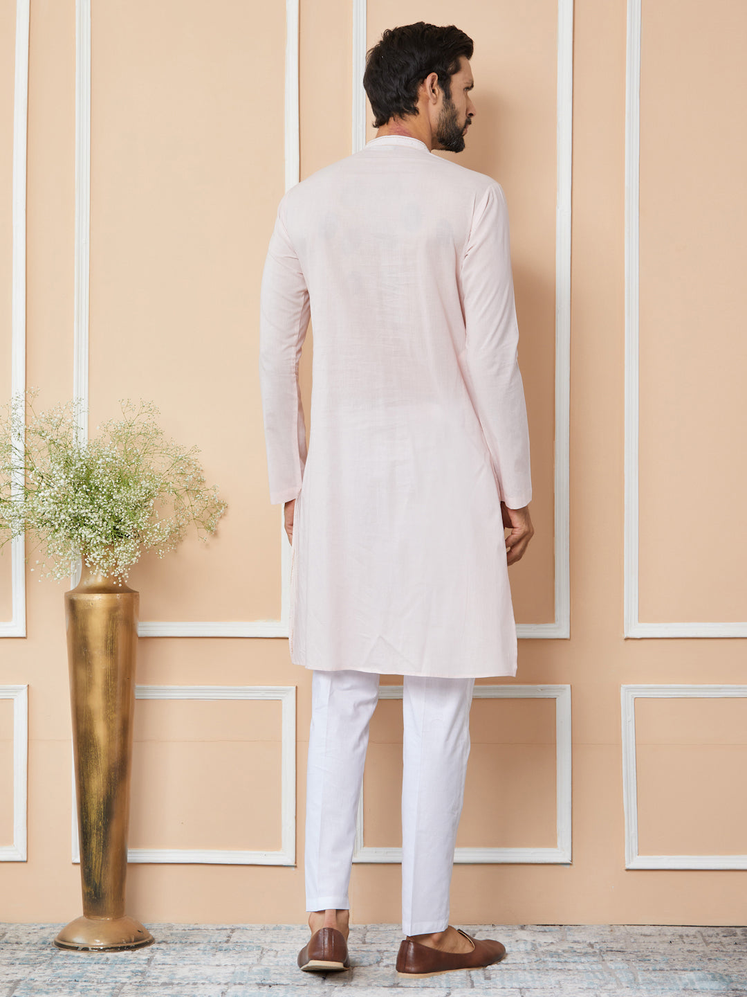 Light Pink Thread & Sequin Worked Pure Cotton Straight Kurta