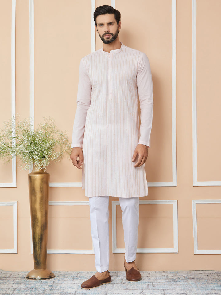 Light Pink Thread & Sequin Worked Pure Cotton Straight Kurta