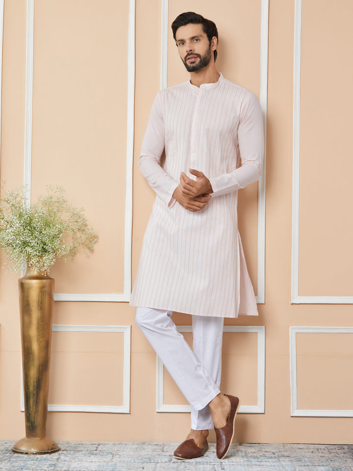 Light Pink Thread & Sequin Worked Pure Cotton Straight Kurta