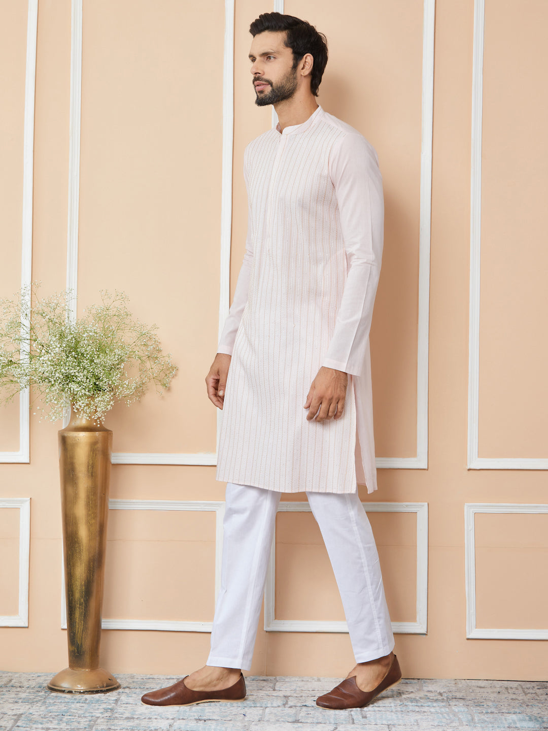 Light Pink Thread & Sequin Worked Pure Cotton Straight Kurta