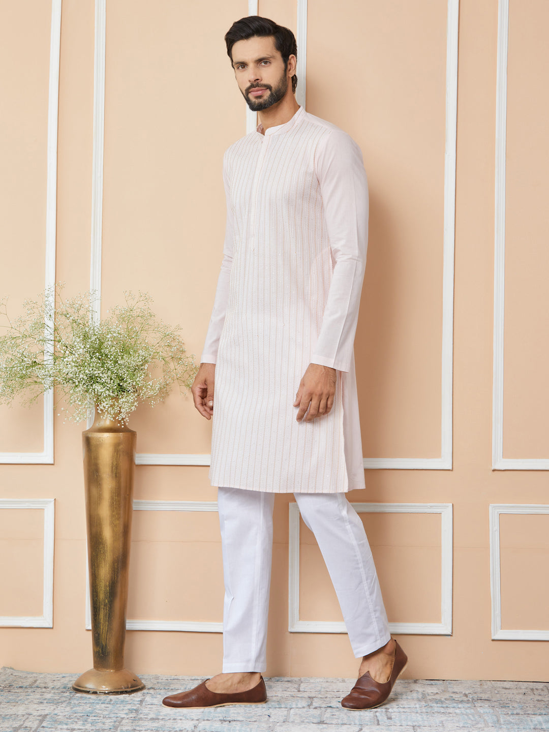 Light Pink Thread & Sequin Worked Pure Cotton Straight Kurta