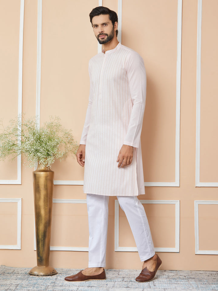 Light Pink Thread & Sequin Worked Pure Cotton Straight Kurta with Pyjama