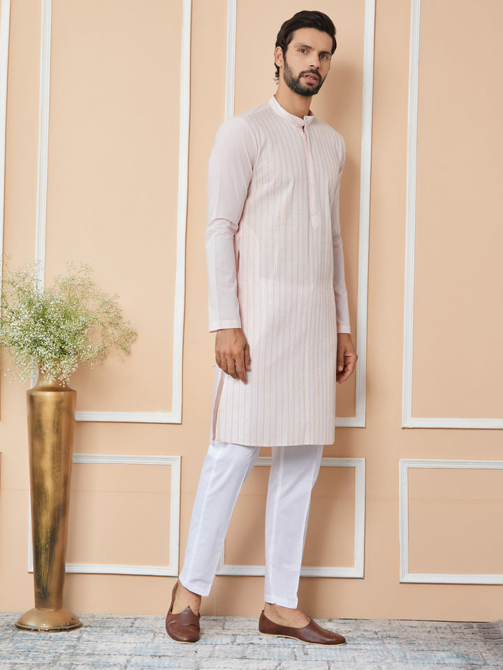 Light Pink Thread & Sequin Worked Pure Cotton Straight Kurta