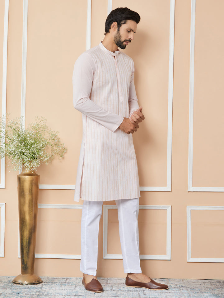 Light Pink Thread & Sequin Worked Pure Cotton Straight Kurta with Pyjama