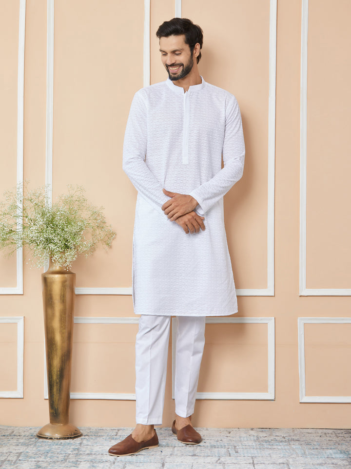 White Embroidered Chikankari Pure Cotton Straight Kurta