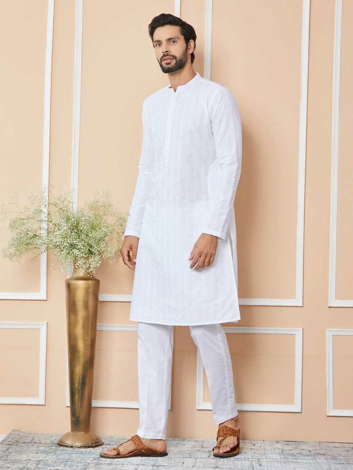 White Embroidered Chikankari Pure Cotton Straight Kurta with Pyjama