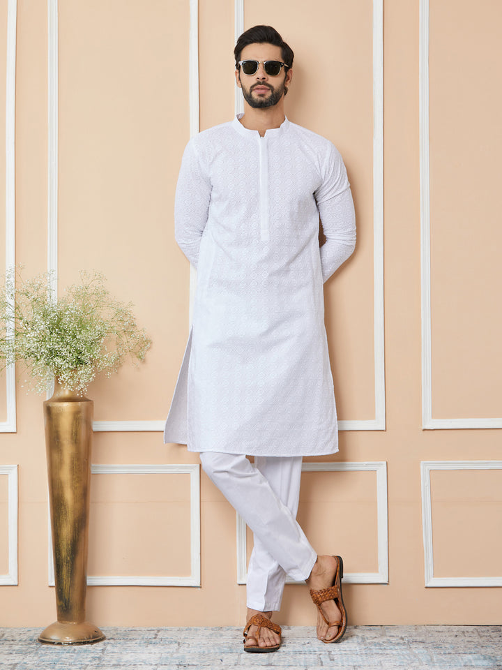 White Embroidered Chikankari Pure Cotton Straight Kurta with Pyjama