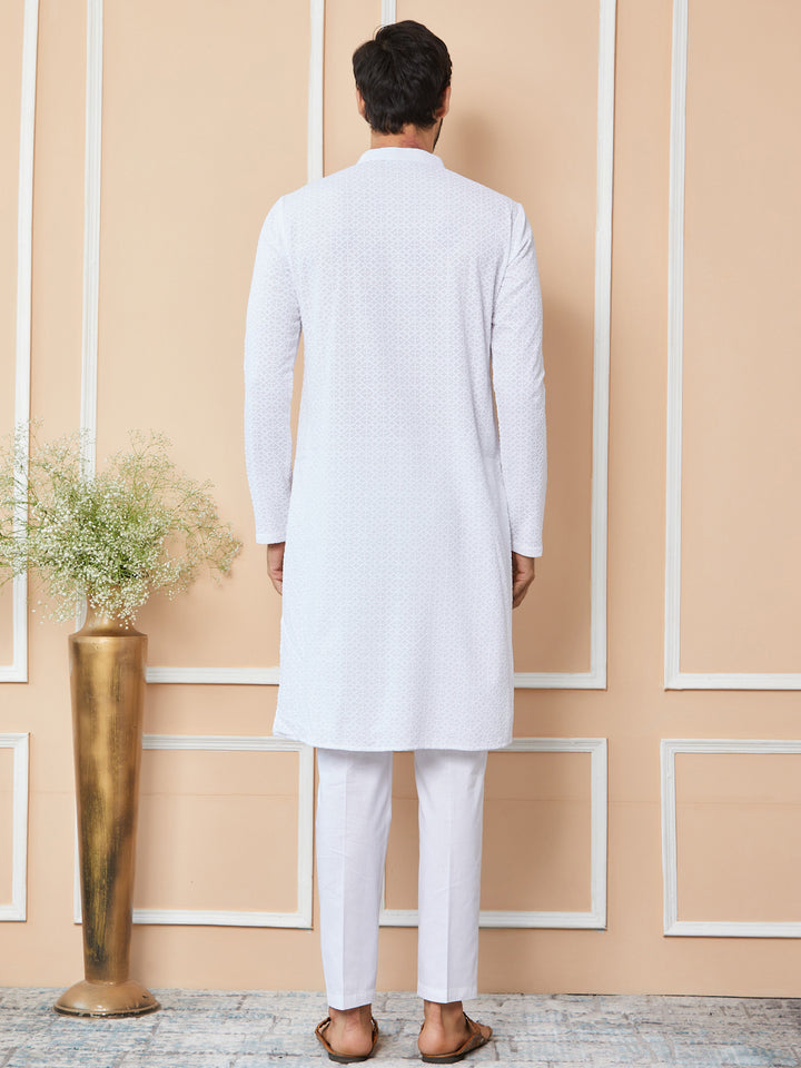 White Embroidered Chikankari Pure Cotton Straight Kurta with Pyjama