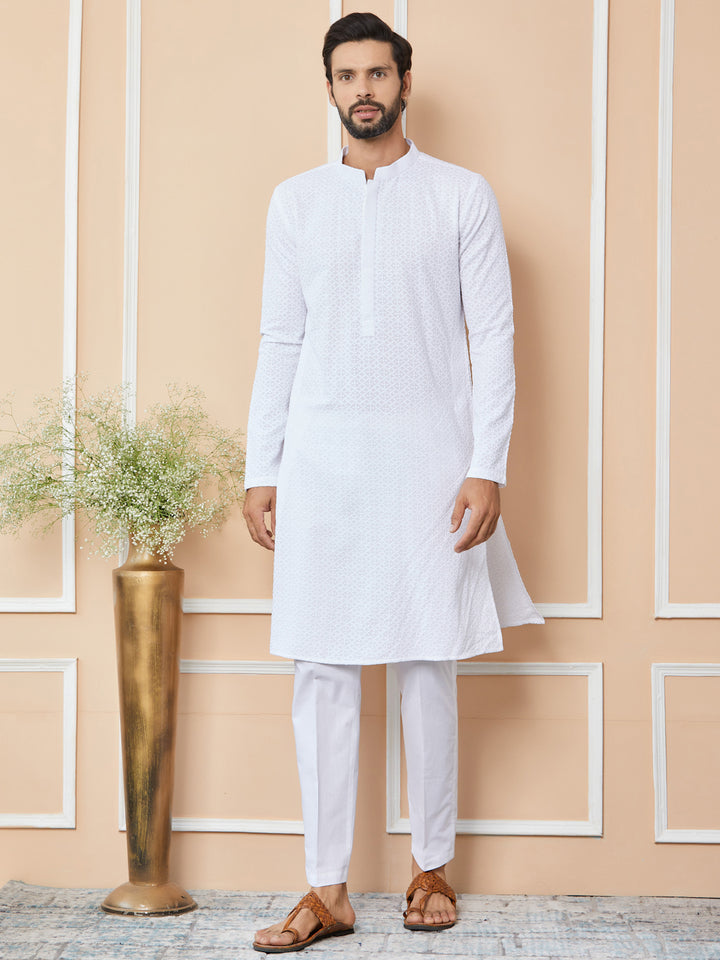 White Embroidered Chikankari Pure Cotton Straight Kurta with Pyjama