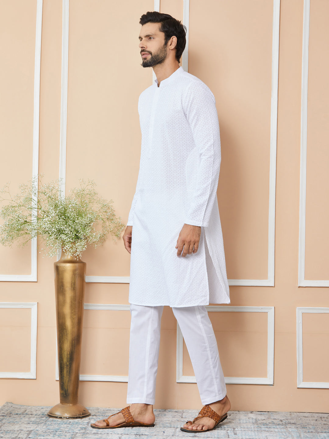 White Embroidered Chikankari Pure Cotton Straight Kurta with Pyjama