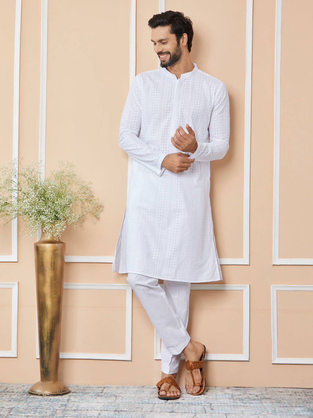 White Embroidered Chikankari Pure Cotton Straight Kurta with Pyjama