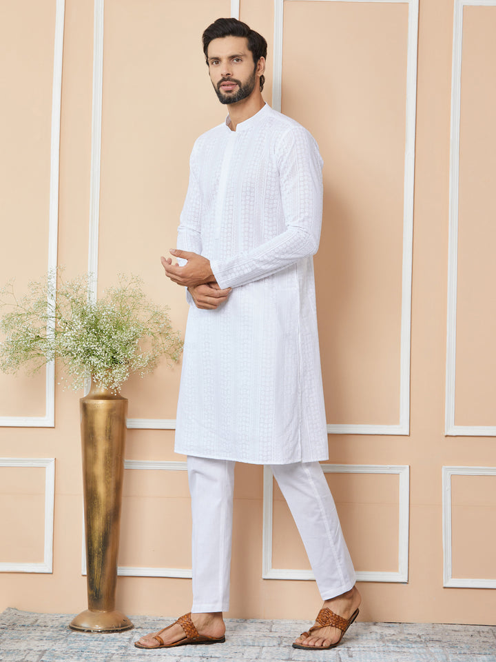 White Embroidered Chikankari Pure Cotton Straight Kurta with Pyjama