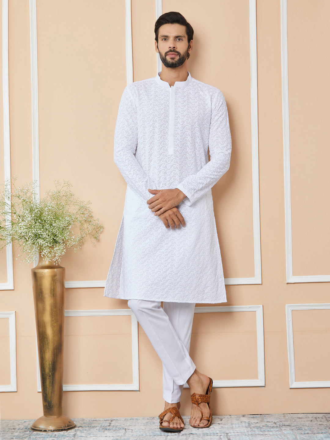 White Embroidered Chikankari Pure Cotton Straight Kurta with Pyjama