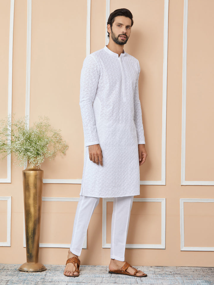 White Embroidered Chikankari Pure Cotton Straight Kurta