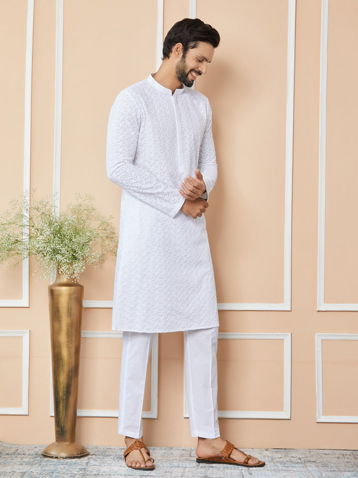 White Embroidered Chikankari Pure Cotton Straight Kurta