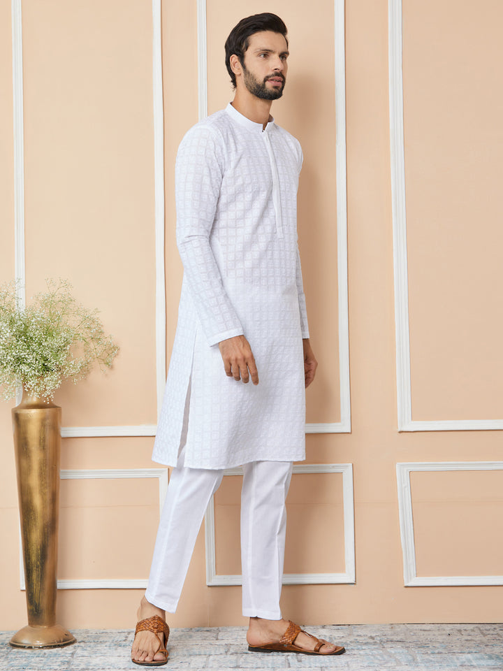 White Embroidered Chikankari Pure Cotton Straight Kurta with Pyjama