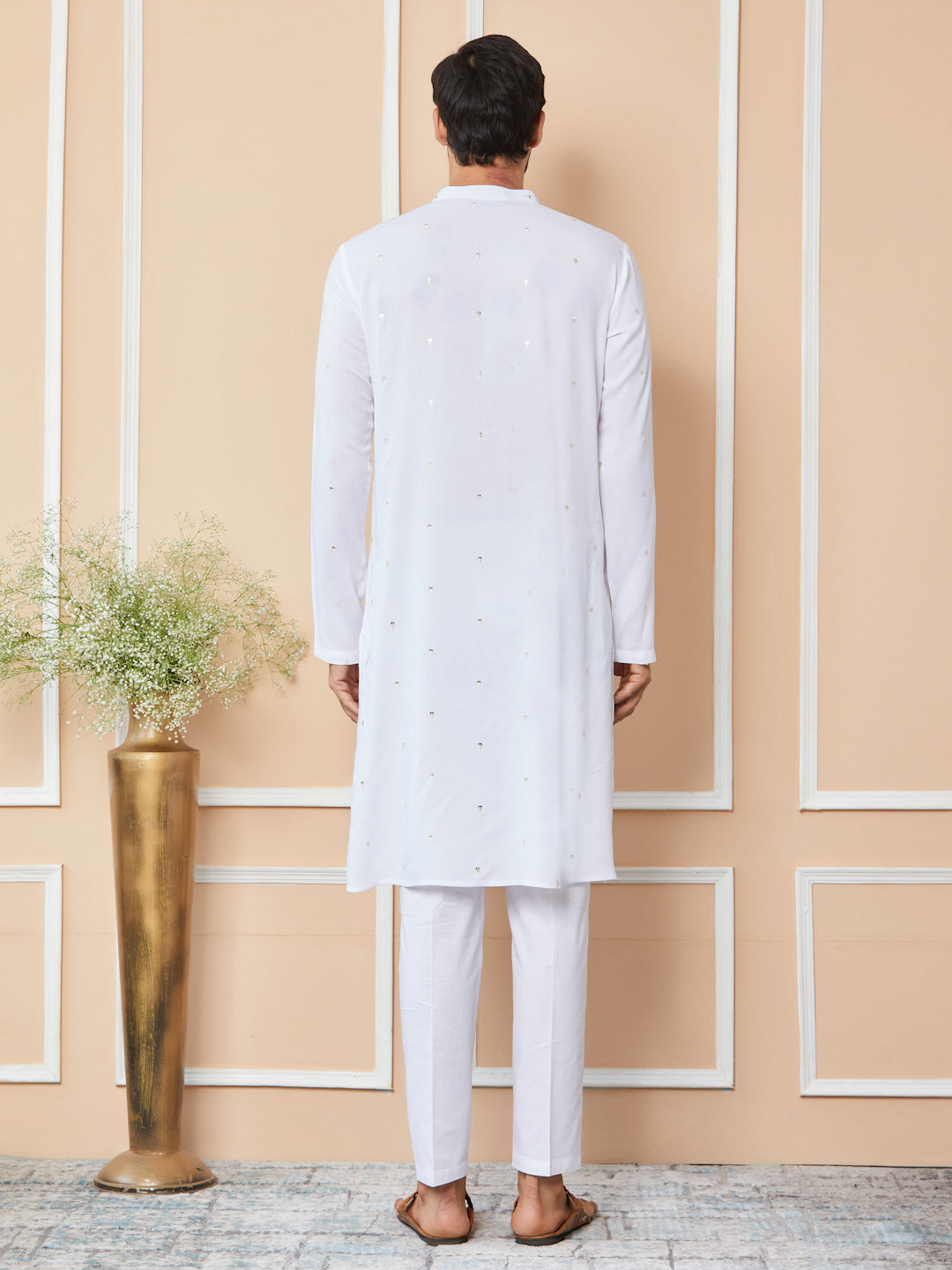 White Sequins Embroidered Rayon Straight Kurta with Yoke Design and Pyjama