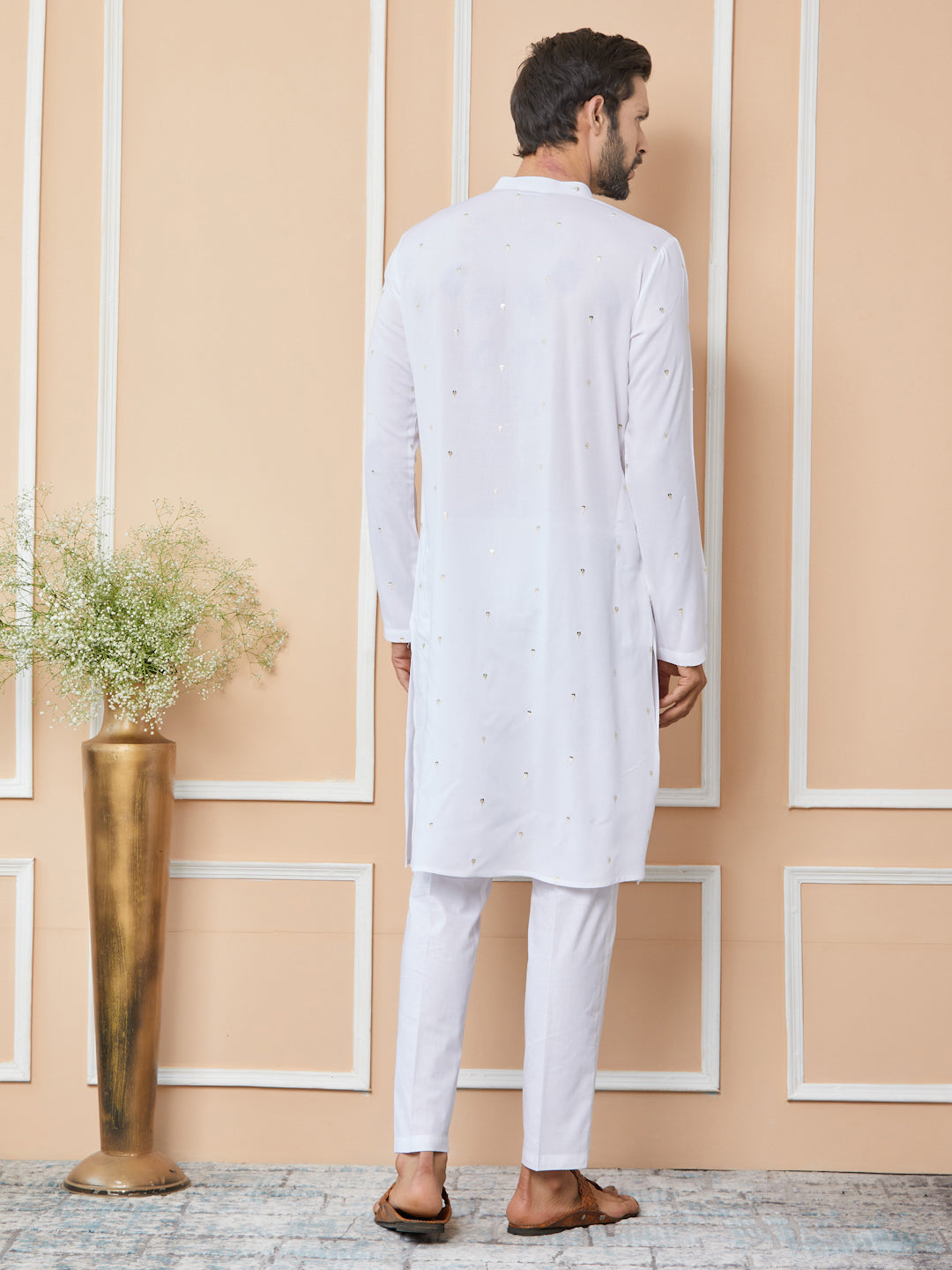 White Sequins Embroidered Rayon Straight Kurta with Yoke Design