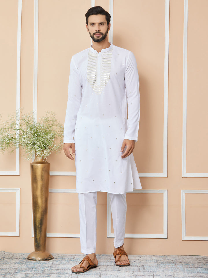 White Sequins Embroidered Rayon Straight Kurta with Yoke Design and Pyjama