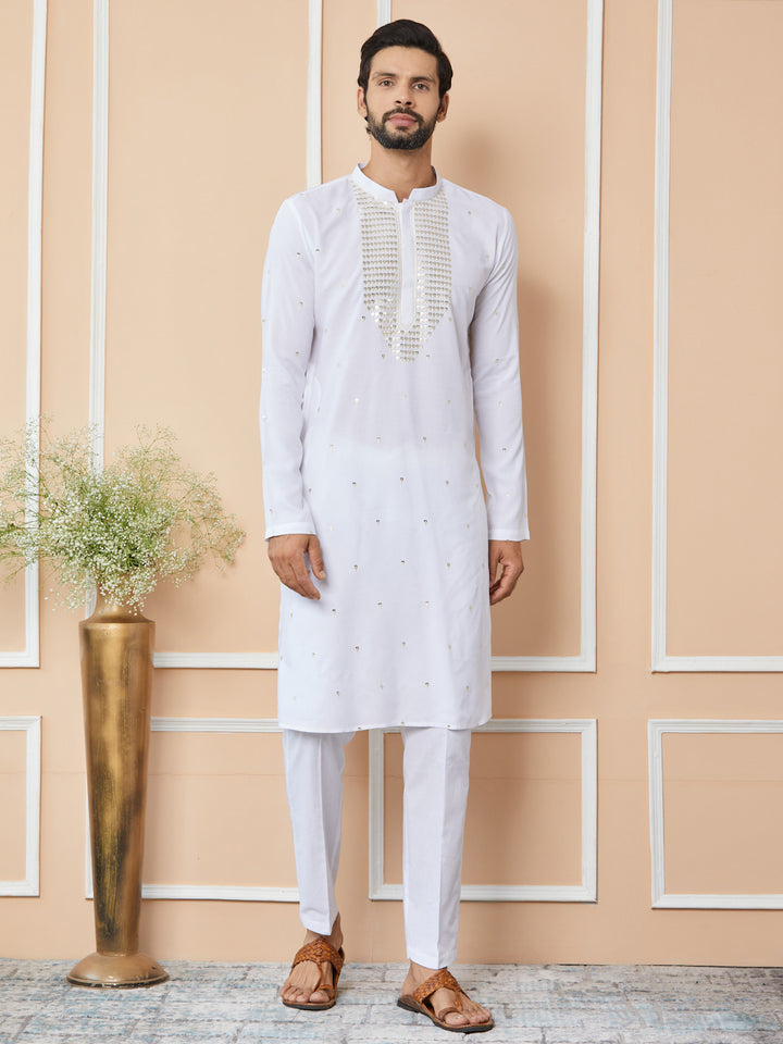 White Sequins Embroidered Rayon Straight Kurta with Yoke Design and Pyjama