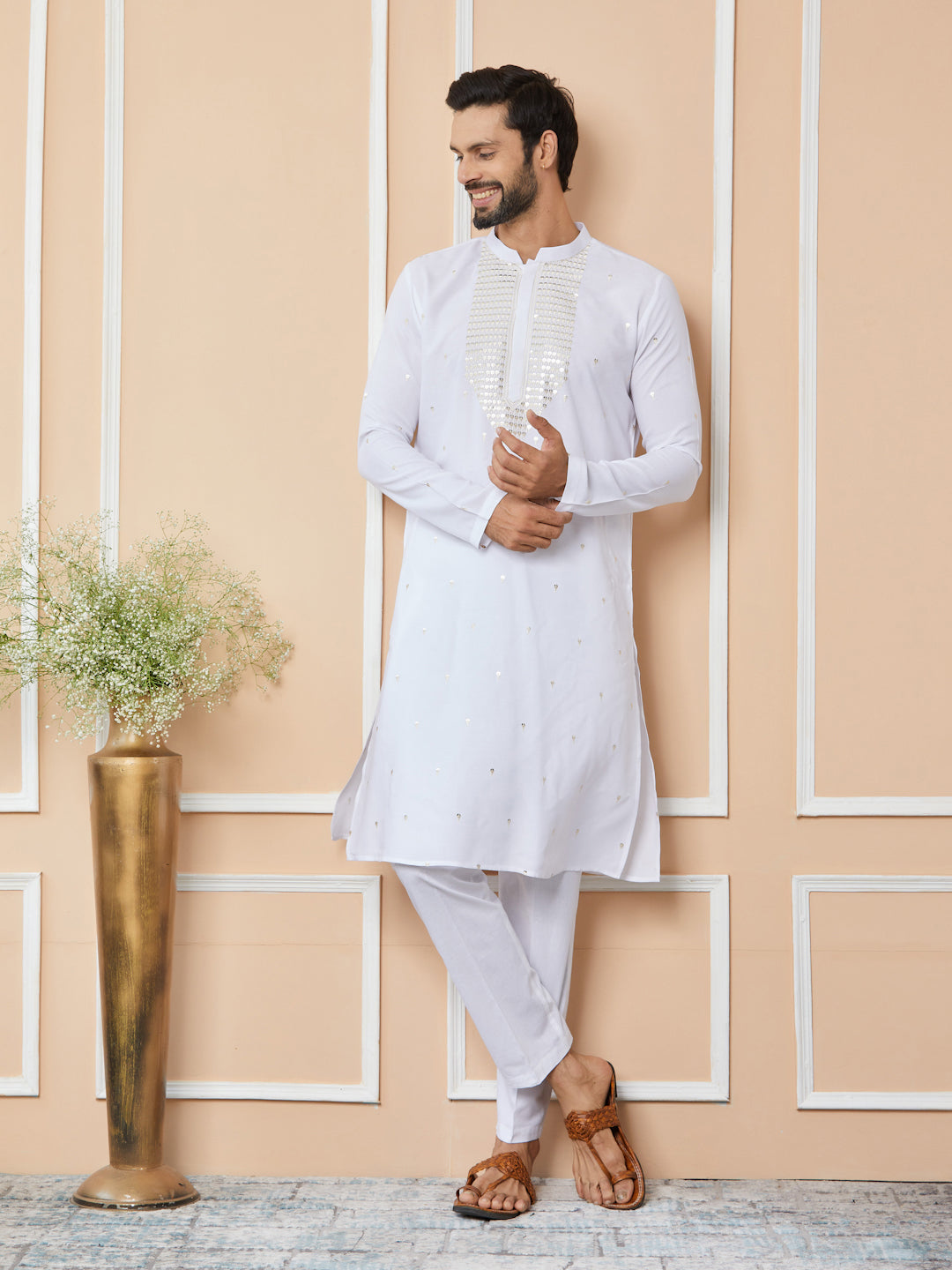 White Sequins Embroidered Rayon Straight Kurta with Yoke Design and Pyjama