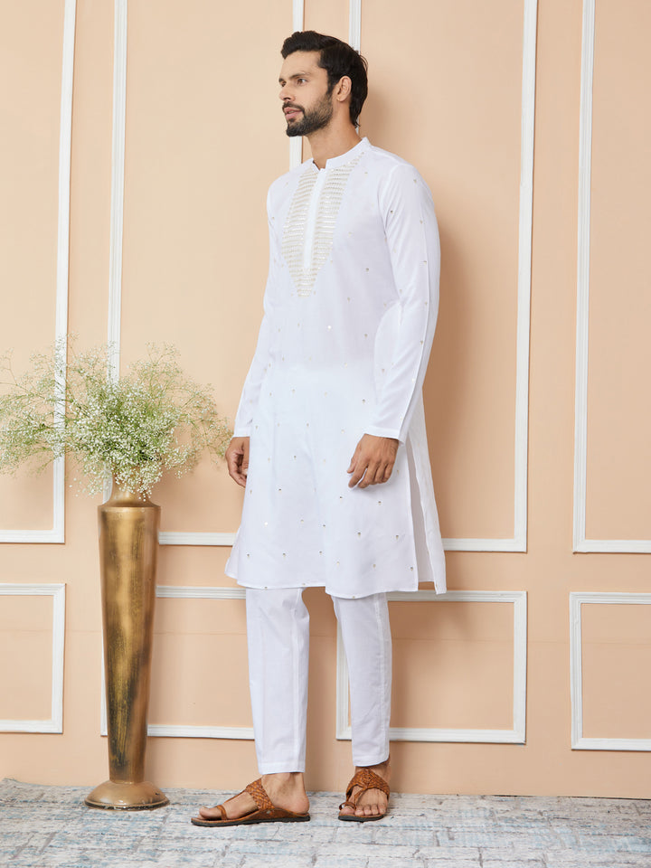 White Sequins Embroidered Rayon Straight Kurta with Yoke Design and Pyjama