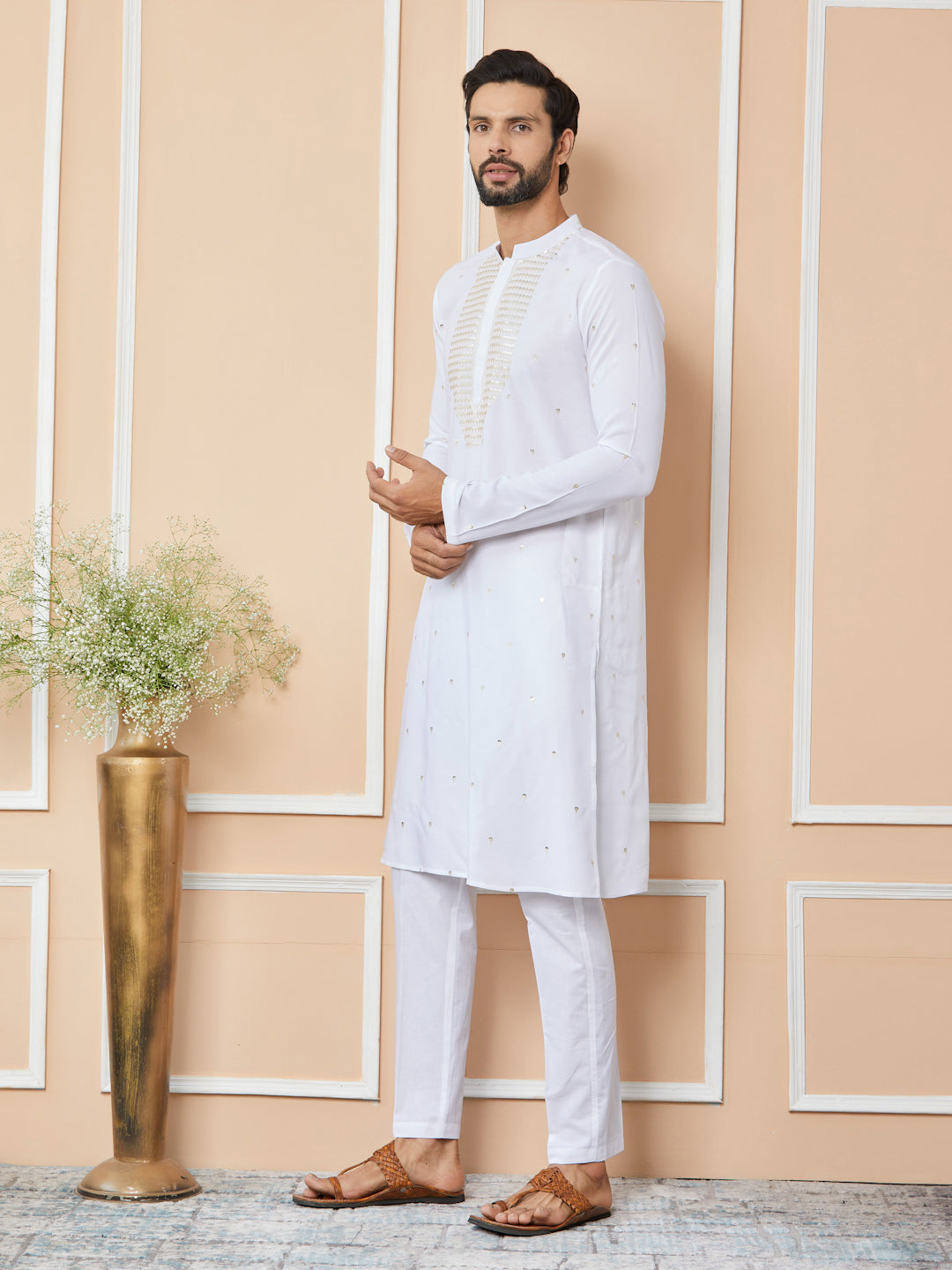 White Sequins Embroidered Rayon Straight Kurta with Yoke Design