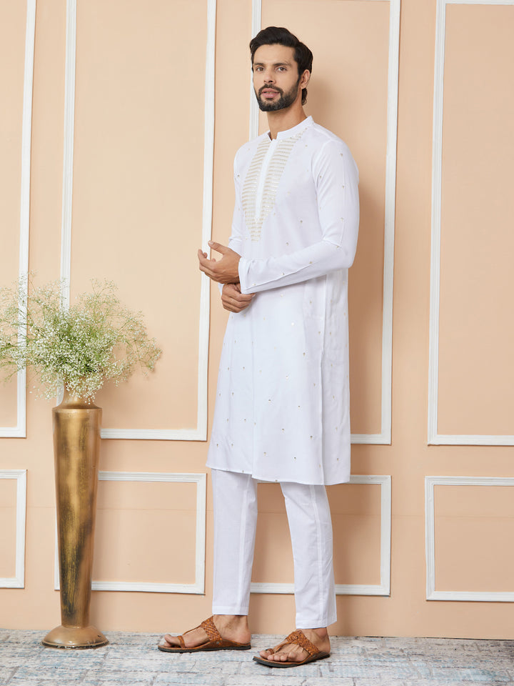 White Sequins Embroidered Rayon Straight Kurta with Yoke Design and Pyjama