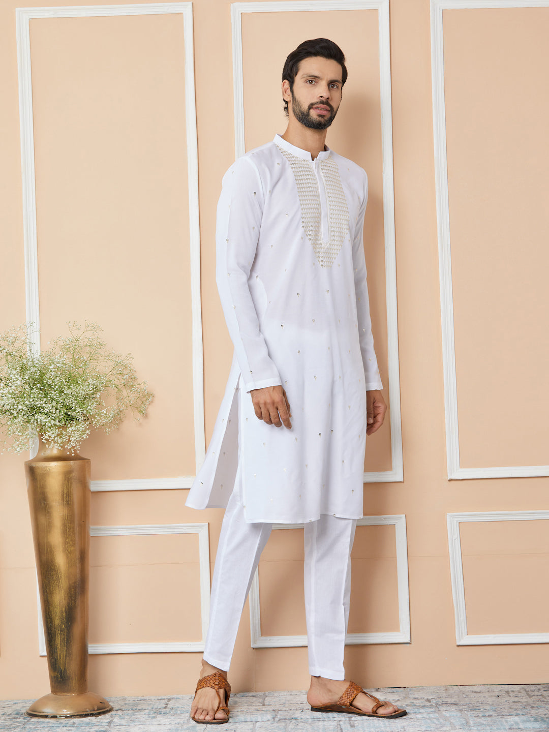 White Sequins Embroidered Rayon Straight Kurta with Yoke Design and Pyjama