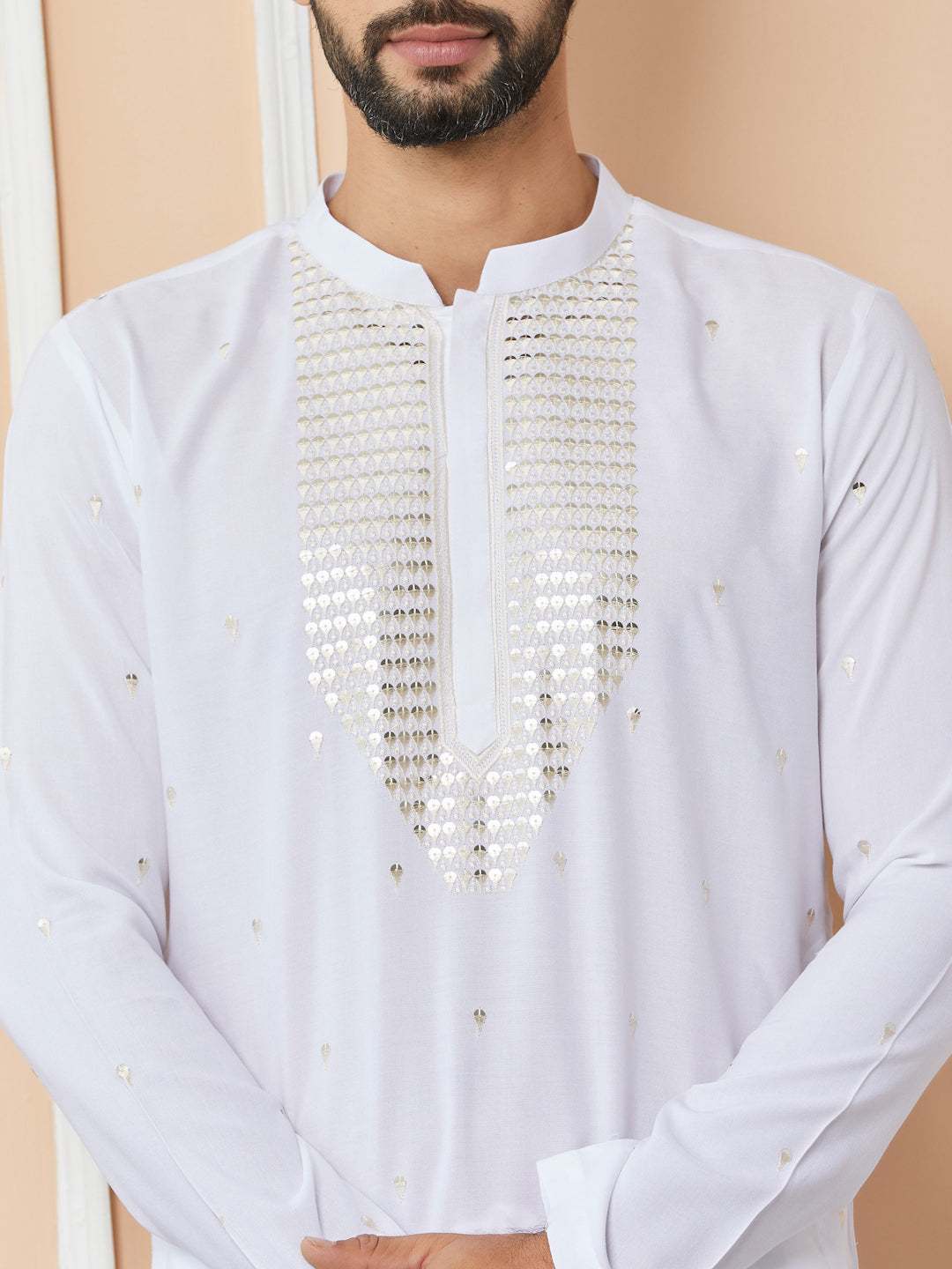 White Sequins Embroidered Rayon Straight Kurta with Yoke Design