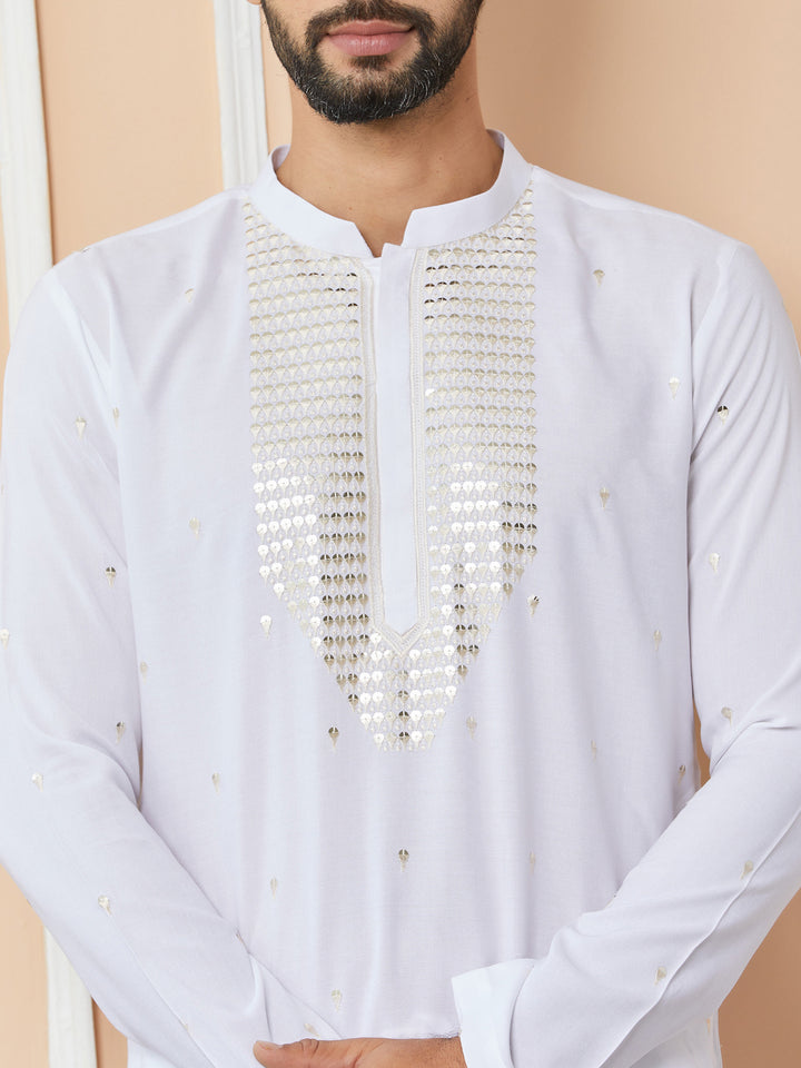 White Sequins Embroidered Rayon Straight Kurta with Yoke Design and Pyjama