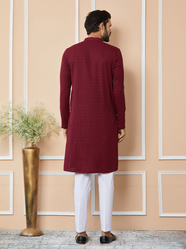 Maroon Embroidered Chikankari Rayon Straight Kurta