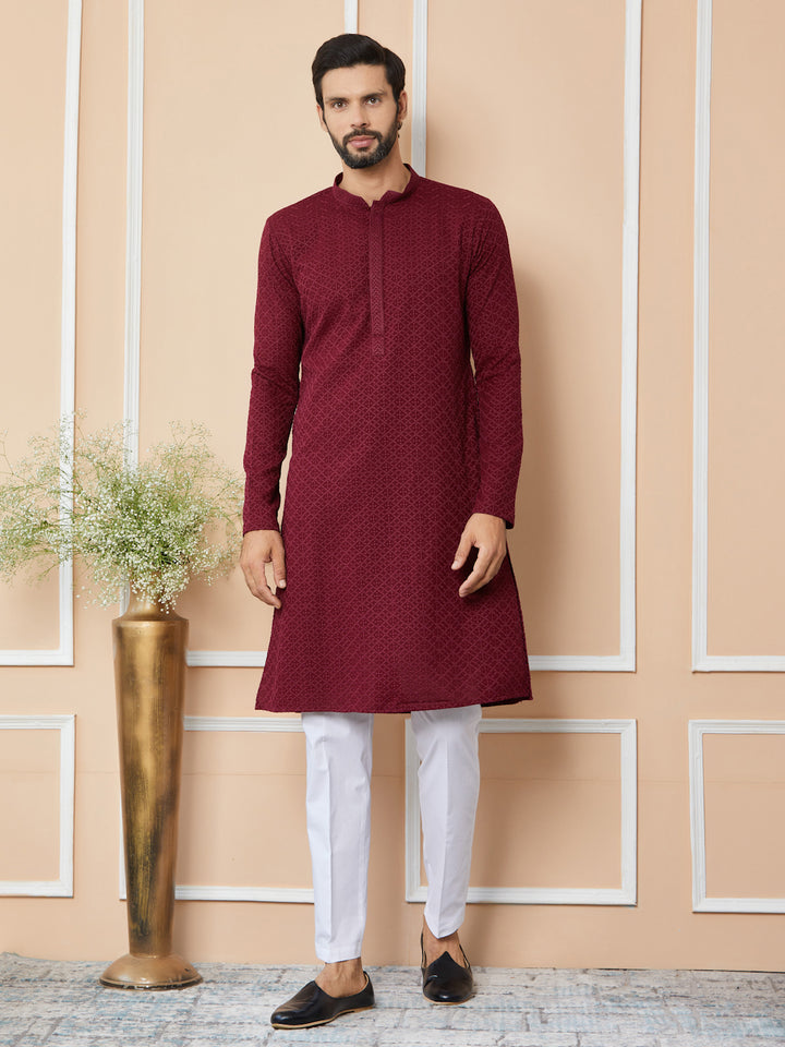 Maroon Embroidered Chikankari Rayon Straight Kurta