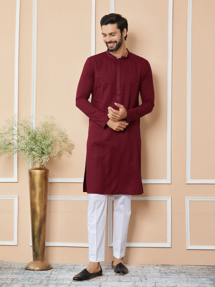 Maroon Embroidered Chikankari Rayon Straight Kurta