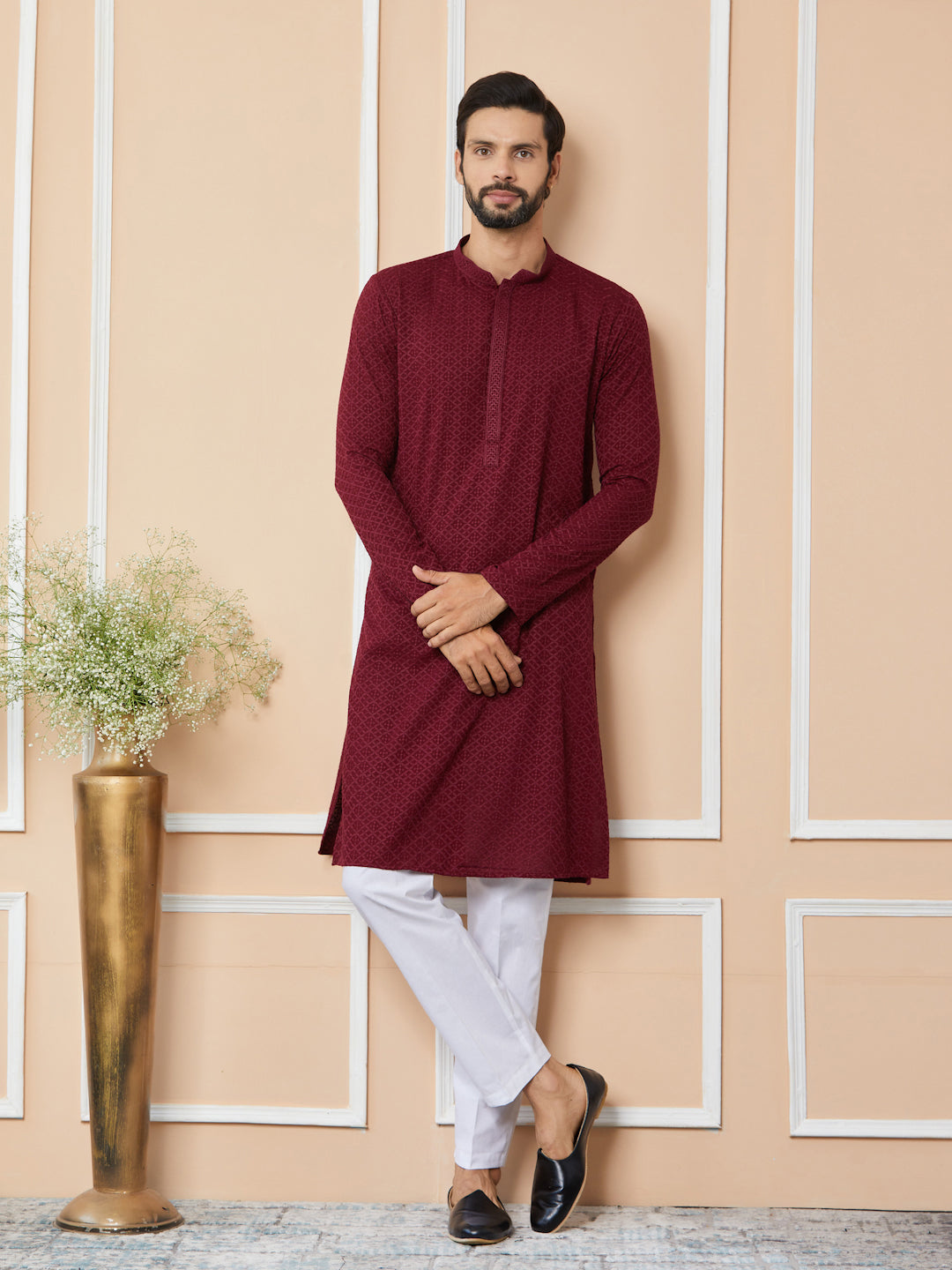 Maroon Embroidered Chikankari Rayon Straight Kurta