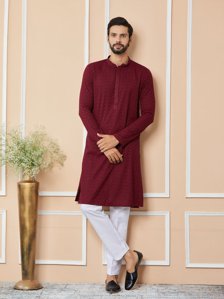 Maroon Embroidered Chikankari Rayon Straight Kurta with Pyjama