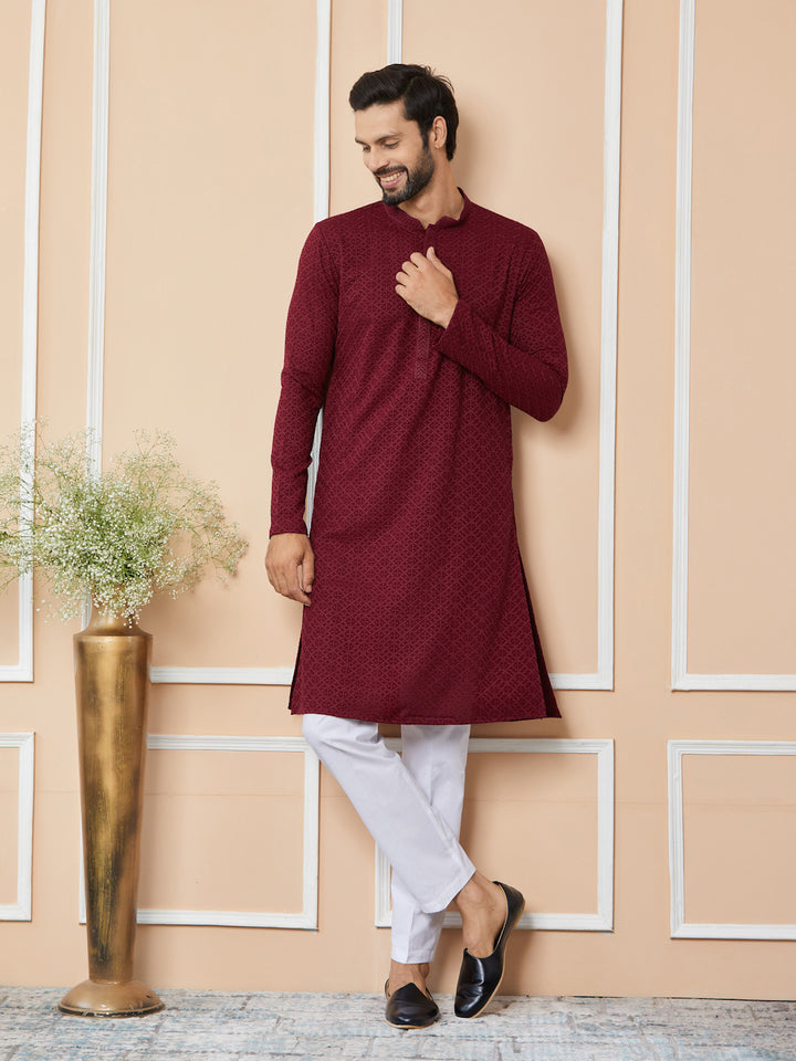 Maroon Embroidered Chikankari Rayon Straight Kurta